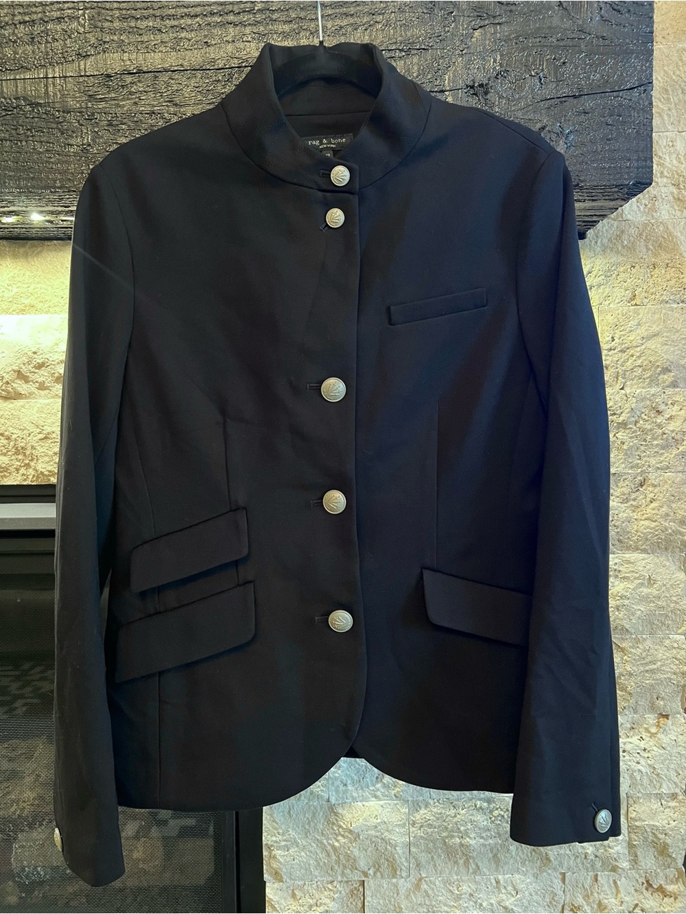 rag & bone Black Fitted Stand-Collar Blazer with Silver Buttons - Picture 2 of 8